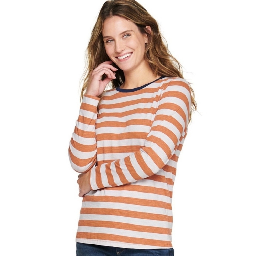 Sonoma The Everyday Tee Long sleeve Striped    Clay & Cream Size L